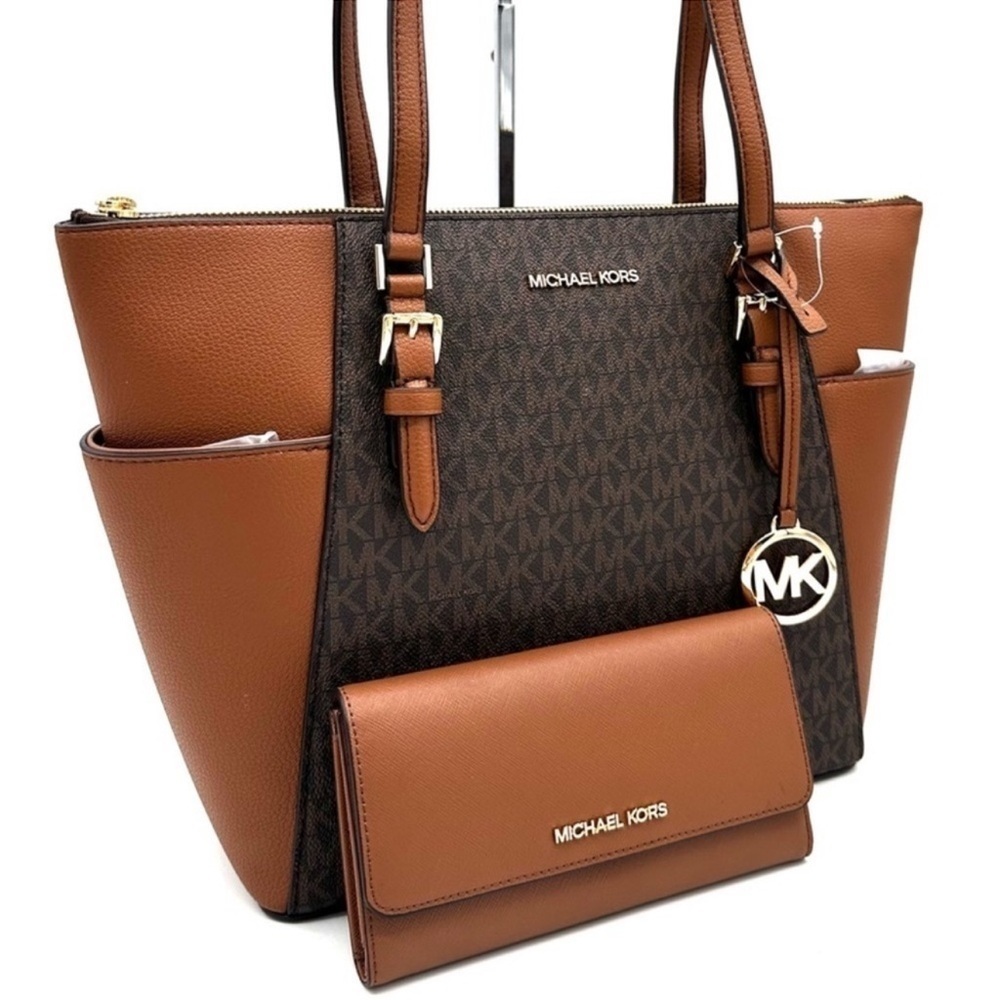 Michael Kors Large Charlotte Tote Bag & Trifold Wallet Brown - Picture 3 of 14
